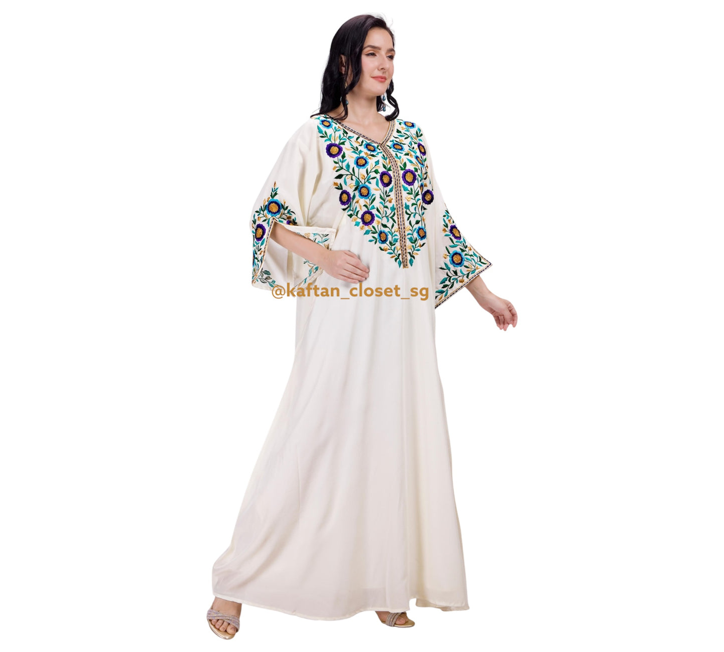 Paisley Threadwork Kaftan- Cream White