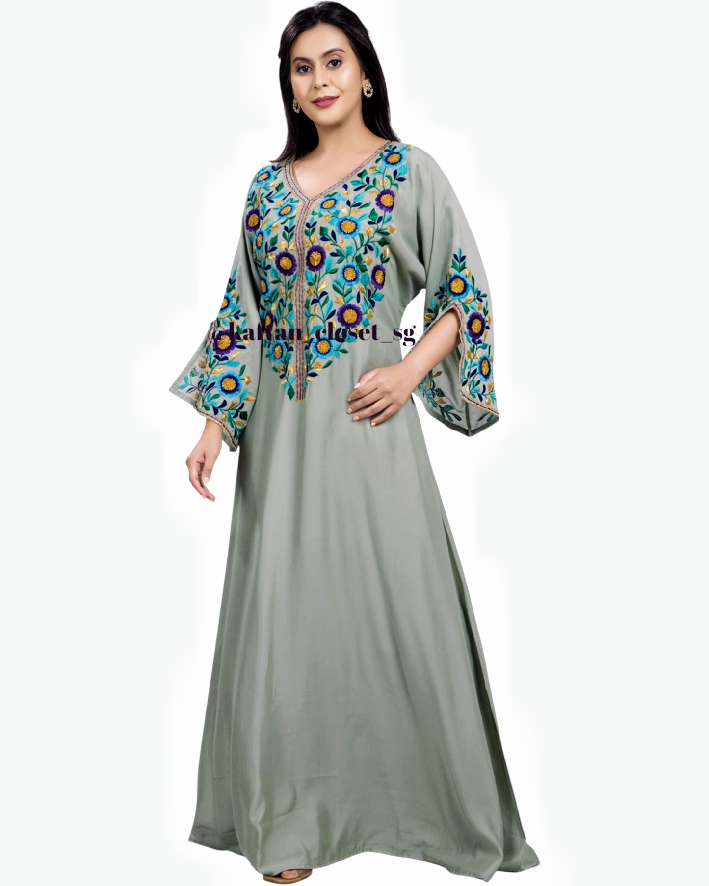 Paisley Threadwork Kaftan-Sage Green