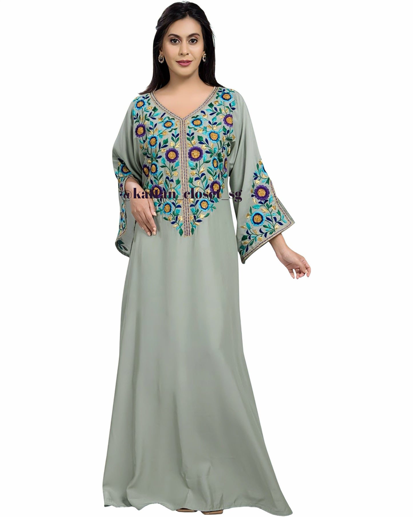 Paisley Threadwork Kaftan-Sage Green