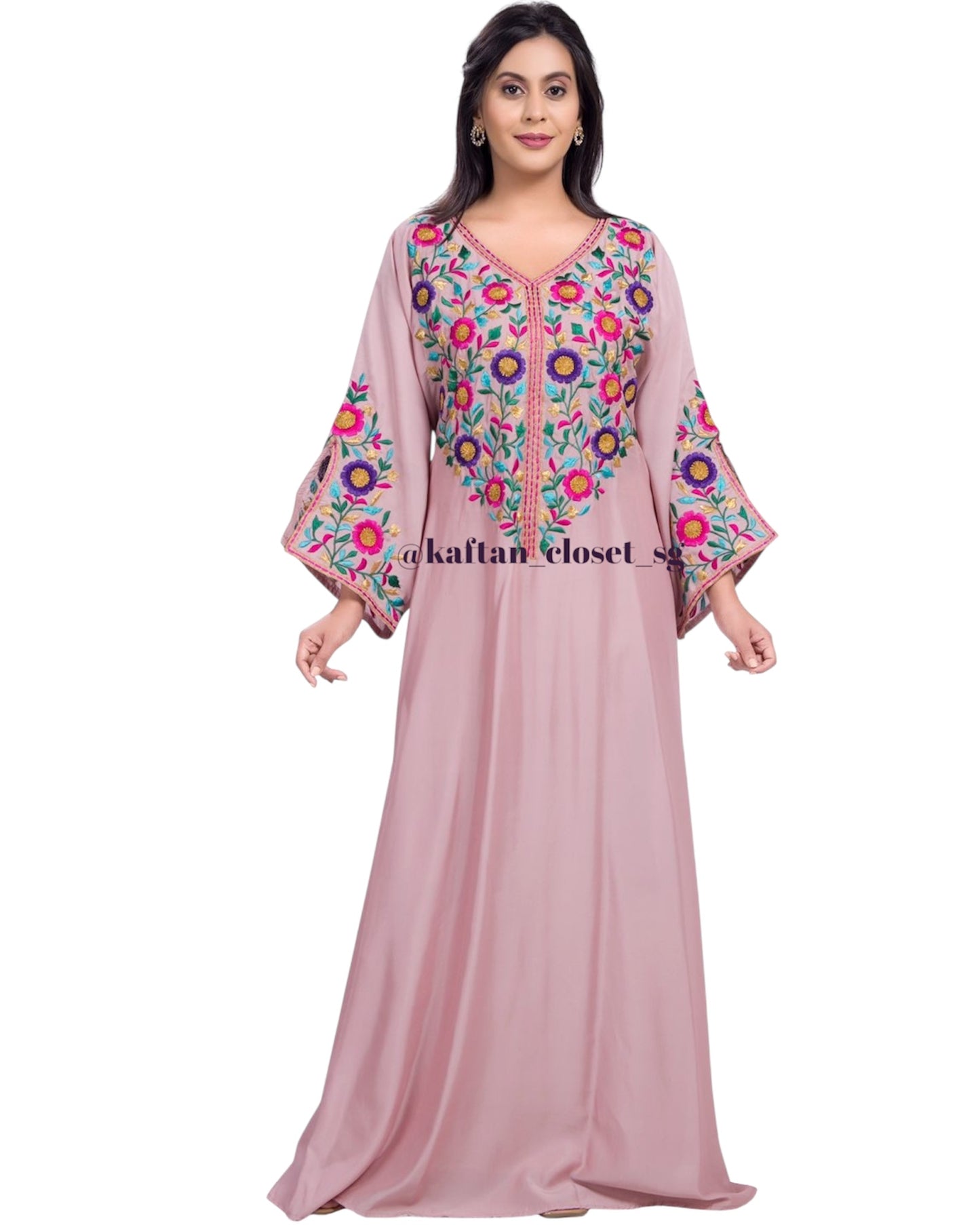 Paisley Threadwork Kaftan- Baby Pink